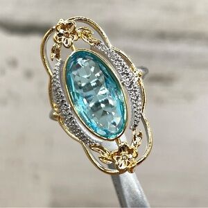 Beautiful Statement 2 Tone Art Deco Blue Aquamarine CZ Gold Silver Plated Ring